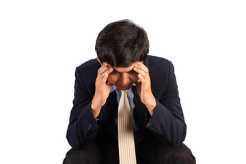 Businessmen show their gestures, hands on their heads, expressing their thoughts or being stressed.