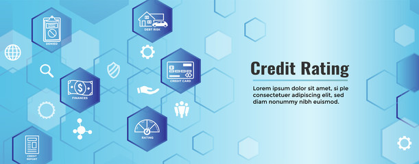 Fototapeta na wymiar Credit Rating Header Web Banner with Debt, Credit Card, & Credit Score Icon Set