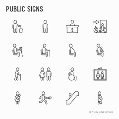 Public signs thin line icons set: information stand, fire or emergency exit, use trash can, seats for pregnant women, disabled, elderly people, woman with child, elevator, WC. Vector illustration.