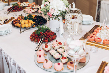 delicious candy,sweets,cupcakes,pops decorated with flowers on table at wedding reception. candy bar. tasty pink sweets for celebrations events and showers. luxury stylish catering