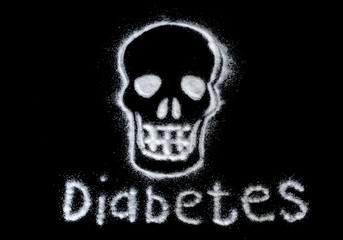 skull painted with white sugar and text diabetes on a black background