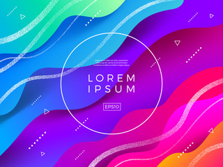 Abstract vector multicolored background. Composition with fluid shape, stipple waves and round frame for text or message.