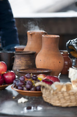 ceramic retro tableware on table, natural color