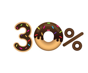 Sale 30 percent and discount price. Lettering made in the form of a donut with glaze isolated on white background. Sale of food. Shopping and low price symbol. Vector.