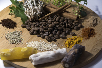 Coffee beans, ground coffee, condiments, cinnamon