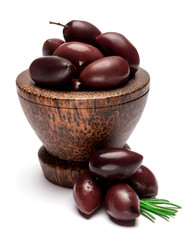 black olives isolated in wooden bowl on white background