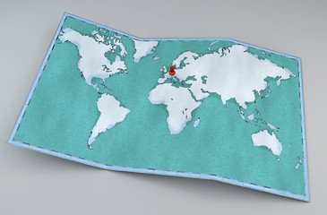 Cartina mondo, disegnata illustrata pennellate, cartina geografica, fisica. Segnaposto sulla mappa