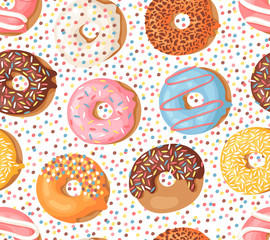 Cartoon vector illustration donuts. Hand drawn seamless pattern sweet bun. Actual Creative art work bake background