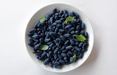 Berries of a honeysuckle in a plate isolated on a white background.