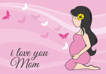 mother's day card. pregnant woman. Pink background with butterfly.