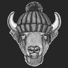 Cute animal wearing knitted winter hat Buffalo, bison,ox, bull Hand drawn image for tattoo, emblem, badge, logo, patch