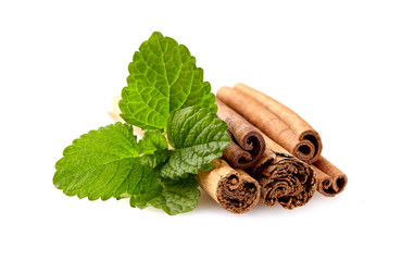 Mint leaf  and cinnamon isolated on white background
