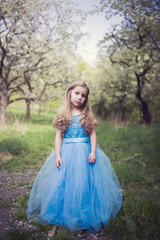 Obraz na płótnie Canvas Beautiful little princess gril with blue dress in spring orchard