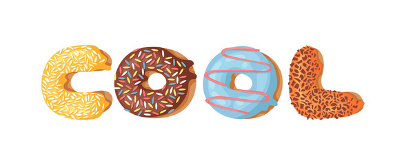 Cartoon vector illustration donut and word COOL. Hand drawn drawing sweet bun. Actual Creative art work bake