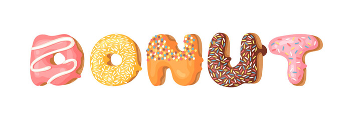 Cartoon vector illustration with word donut. Hand drawn drawing sweet bun. Actual Creative art work bake