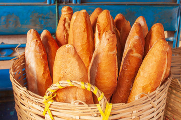 Baguette in the wicker baskets.