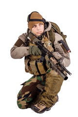 Soldier with rifle isolated on a white background. war, army, weapon and people concept.