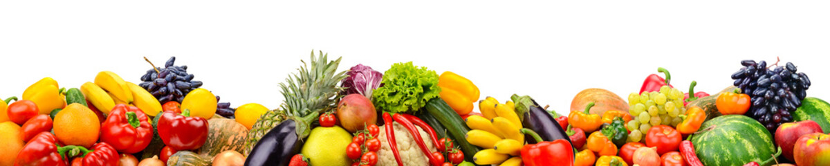Wide collage of fresh fruits and vegetables for layout isolated on white background.