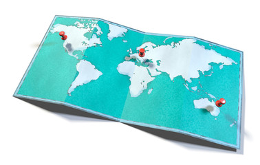 Fototapeta na wymiar Cartina mondo, disegnata illustrata pennellate, cartina geografica, fisica. Segnaposto sulla mappa