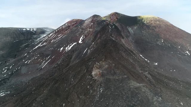 Aerial footage of Mount Etna peak is an active stratovolcano on east coast of Sicily Italy in the Metropolitan City of Catania and is the highest active volcano in Europe outside the Caucasus 4k