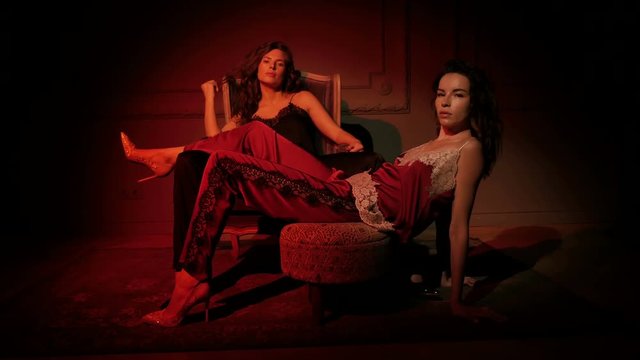 two sexy young girls in lingerie sit on the floor with carpet and on the chair