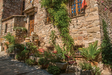 Fototapeta na wymiar Close-up of stone house facade with bindweed in an alley, at the gorgeous medieval hamlet of Les Arcs-sur-Argens, near Draguignan. Located in the Provence region, Var department, southeastern France