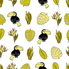  Jungle  Seamless background, Africa. Toucan  bird , monstera  and tropical plants © Mariana