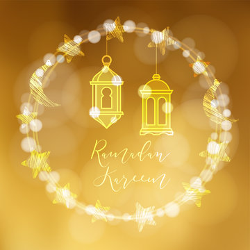 Wreath of bokeh lights decorated by moon, stars and hanging arab lanterns. Festive decoration, vector illustration background. Golden greeting card, invitation for muslim holy month Ramadan Kareem