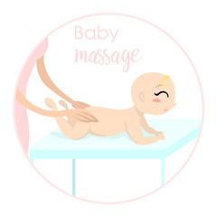 Baby massage for children. Flat isolated vector illustration. Logo. The girl lies on the table.