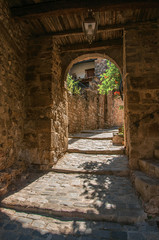 Fototapeta na wymiar Close-up of stone staircase and arch in an alleyway, at the gorgeous medieval hamlet of Les Arcs-sur-Argens, near Draguignan. Located in the Provence region, Var department, southeastern France