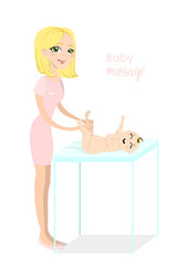 Baby massage for children. Flat isolated vector illustration. Blonde masseuse in pink uniform doing massage for little boy