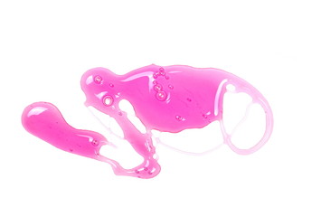 Pink dishwashing liquid, detergent puddle isolated on white background, top view