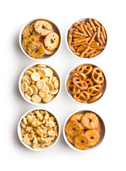 Mixed salty snack crackers and pretzels.