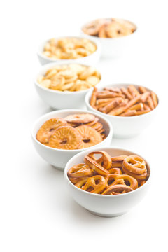 Mixed salty snack crackers and pretzels.
