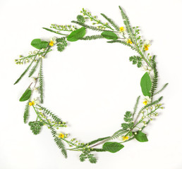 Round frame wreath made of spring flowers and leaves isolated on white background. Flat lay. Top view.