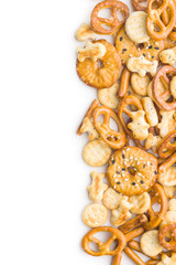 Mixed salty snack crackers and pretzels.