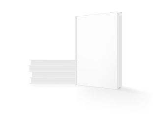 Set of vector realistic images: an empty cover of the book, positioned vertically, a perspective view, and closed books arranged horizontally. Isolated on white. The layout(mock-up) of the book. EPS10