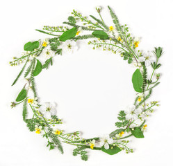 Round frame wreath made of spring flowers and leaves isolated on white background. Flat lay. Top view.