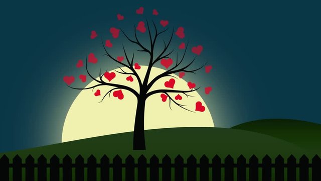 Anima&ccedil;&atilde;o de uma &aacute;rvore em que as flores s&atilde;o cora&ccedil;&otilde;es