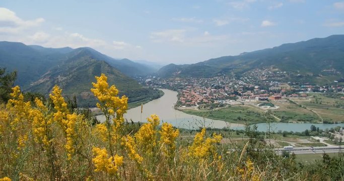One the most famous place in Georgia - top view from Jvari monastery to Aragvi and Mtikvari riger and ancient capital Mtskheta