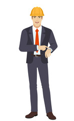 Businesswoman in construction helmet pointing at his watch