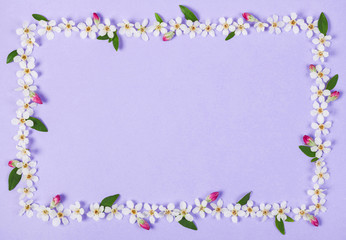 Obraz na płótnie Canvas Floral frame made of white spring flowers, green leaves and pink buds on pastel lilac background. Top view. Flat lay.