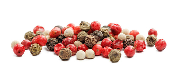 Pepper mix. Black, red and white peppercorns isolated on white.  - obrazy, fototapety, plakaty