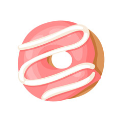 Cartoon vector illustration pink donut. Hand drawn drawing sweet bun. Actual Creative art work bake