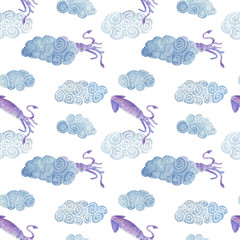 Seamless pattern with squid