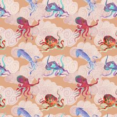 Seamless background with octopuses