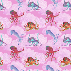 Seamless background with octopuses