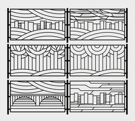 Decorative grill for a fence or a fireplace grate. Stylized city, river, bridge, sky, trees in the park. Vector graphics. Line drawing