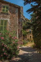 Fototapeta na wymiar Alley view with house and flowers in Chateaudouble, a quiet and tourist village with medieval origin on a sunny summer day. Located in the Var department, Provence region, southeastern France