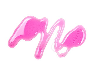 Pink dishwashing liquid, detergent puddle isolated on white background, top view, with clipping path